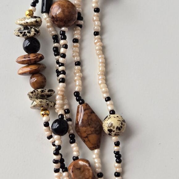 Vintage African Safari Style Multi Strand Beaded Necklace Black Brown White - Picture 7 of 9